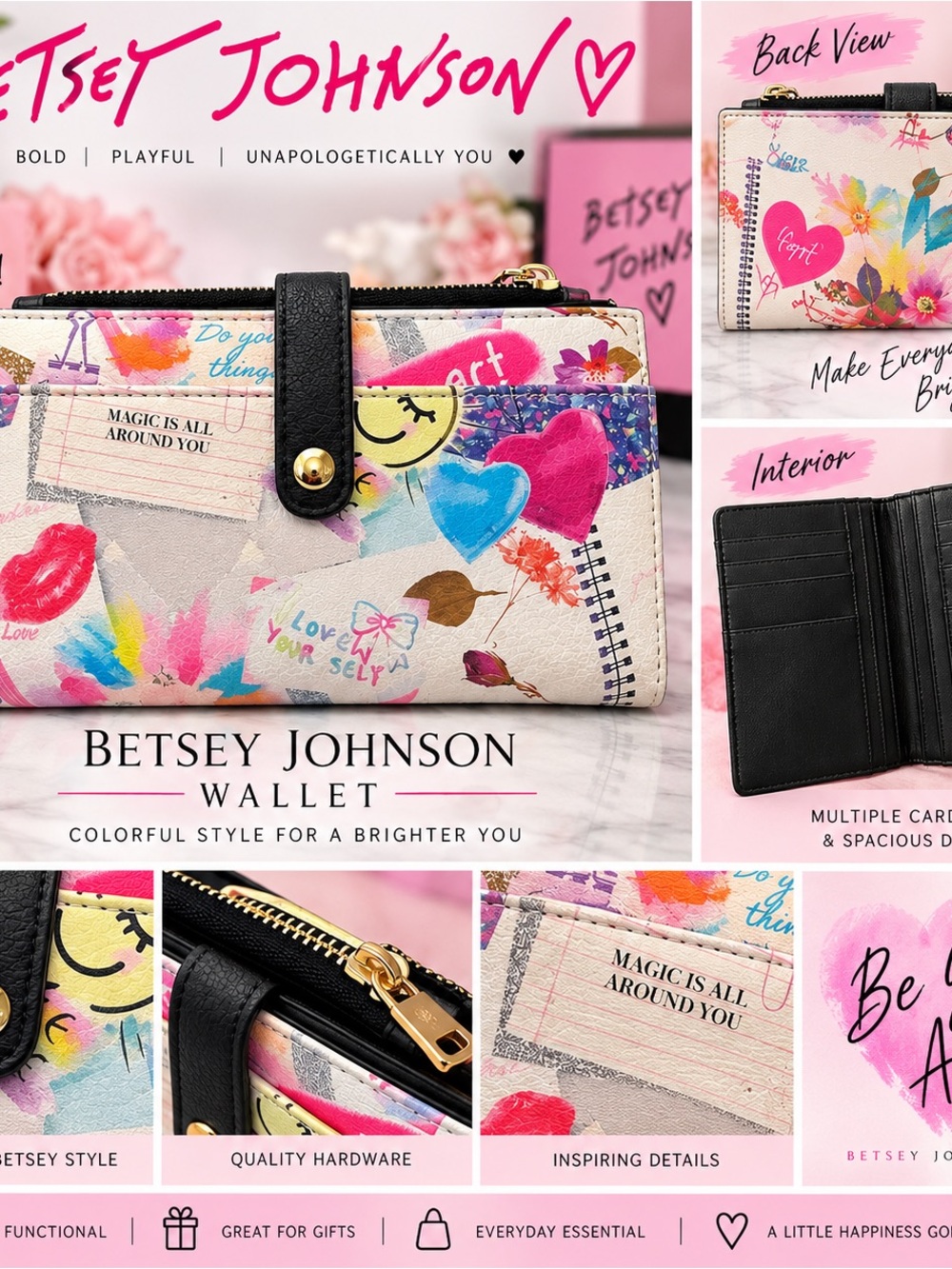 Betsey Johnson Pink Multi Heart & Floral Fold Wallet with Black Trim